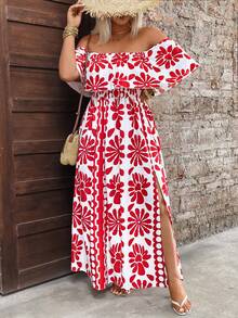 GlowEve CURVE Plus Size Women's Summer Romantic Floral Print Ruffle Trim Off-Shoulder Elastic Waist Maxi Dress, Suitable For Beach Vacation And Travel - Red - View 5