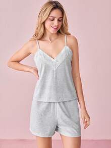 Bonmuse Lace Trimmed Camisole & Shorts Women's Pajama Set - Grey - View 3