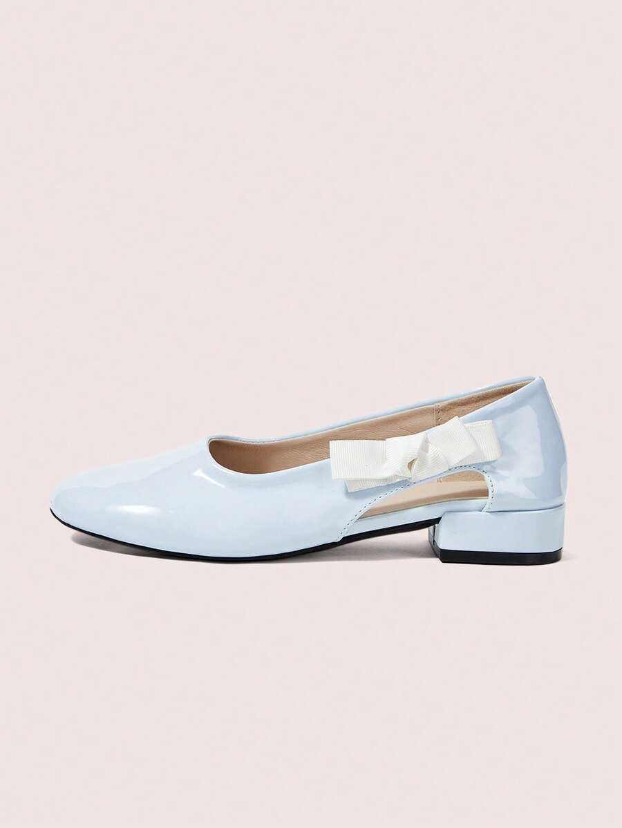 CUCCOO DOLLMOD Giày nữ da bóng màu xanh dương, kiểu dáng thấp cổ, thiết kế nơ rỗng phía sau, giày bệt đế thấp đa năng tiện dụng cho công sở. - Màu xanh lam - Xem 1