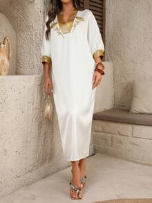 Franclia Vestido longo feminino estilo Oriente Médio, solto, com bordado em cores contrastantes, para primavera/verão. - Branco - Ver 5