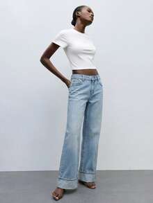 Maija Jeans de pierna ancha con bolsillos sesgados y puños, de uso casual y diario para mujeres - Lavado ligero - Ver 5