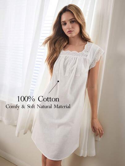 Ocili 100% Cotton Jacquard Embroidered Floral Lace Trim Bowknot Nightgown, Soft & Comfortable Women Sleepwear Dress