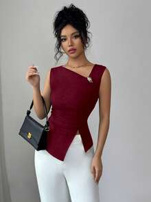 SHEIN Elenzya 女士时尚优雅纯色不对称肩部吊带背心 - 酒紅色 - 查看 6
