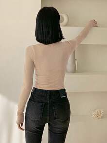 DAZY 女士长袖立领T恤，秋季女装立领女装 - 杏色 - 查看 3