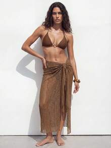 Maija 女士挂脖金属扣装饰性感比基尼套装，配薄纱纱笼，女士度假装比基尼，棕色比基尼罩衫套装，金色两件套比基尼套装，女士比基尼套装，带罩衫，带罩裙的比基尼，女士泳装罩衫，女士两件套，女士沙滩装，女士沙滩度假装 - 棕色 - 查看 7