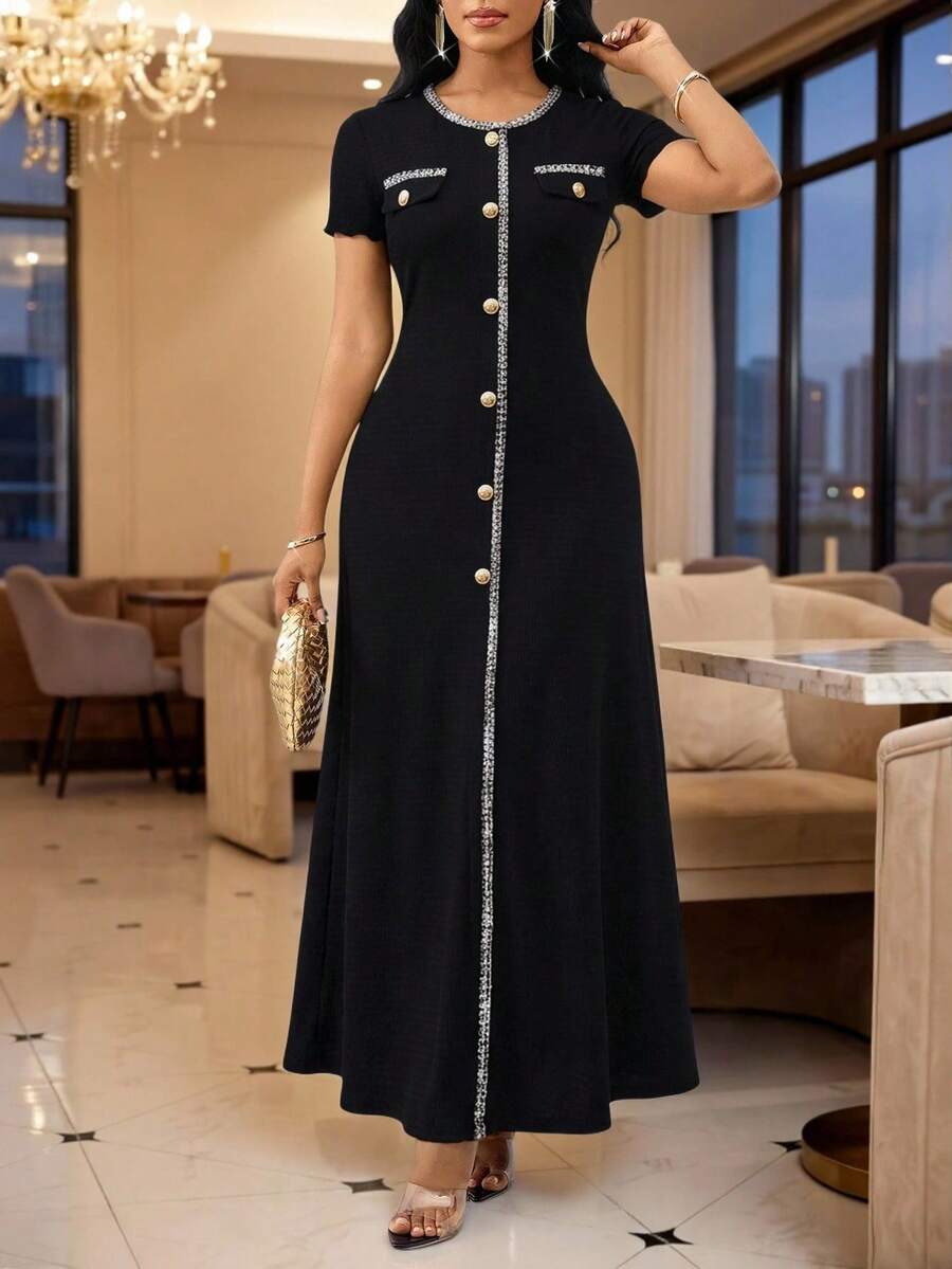 SHEIN Lady Vestido largo casual de cuello redondo y botones con cintura ceñida, adecuado para citas y fiestas - Negro - Ver 1