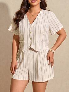 Elaquor 大码夏季休闲条纹衬衫短裤套装 - 杏色 - 查看 5