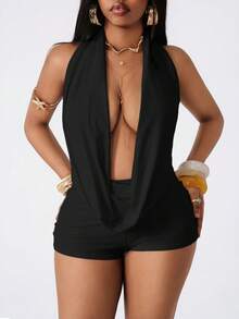 Vadaroq 女士春夏街头风时尚外出V领性感度假装Y2K弹力舒适白色连体衣 - 黑色 - 查看 3