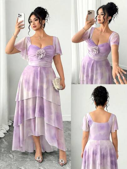 Elenzga Plus Size Women's Elegant Satin Shiny Square Collar Ruffle Sleeve Floral Decor Pleated Waist Irregular Layered Hem Dress, Suitable For Formal Occasions, Parties Lilac Dress Women Lavender Tie Dye Dress Lavender Dress For Women Elegant Tiered Lavender Dress Lavender Tiered Dress