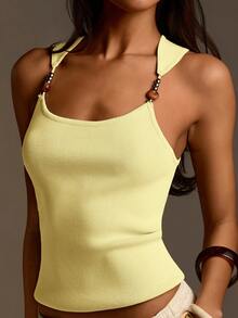 Athîral Women's Casual Off-Shoulder Fitted Light Green Knit Top, Spring/Summer - Light Yellow - View 4