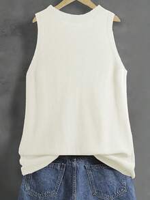 Women's Solid Color Round Neck Sleeveless Casual Knit Tank Top, Spring/Summer - Beige - View 2