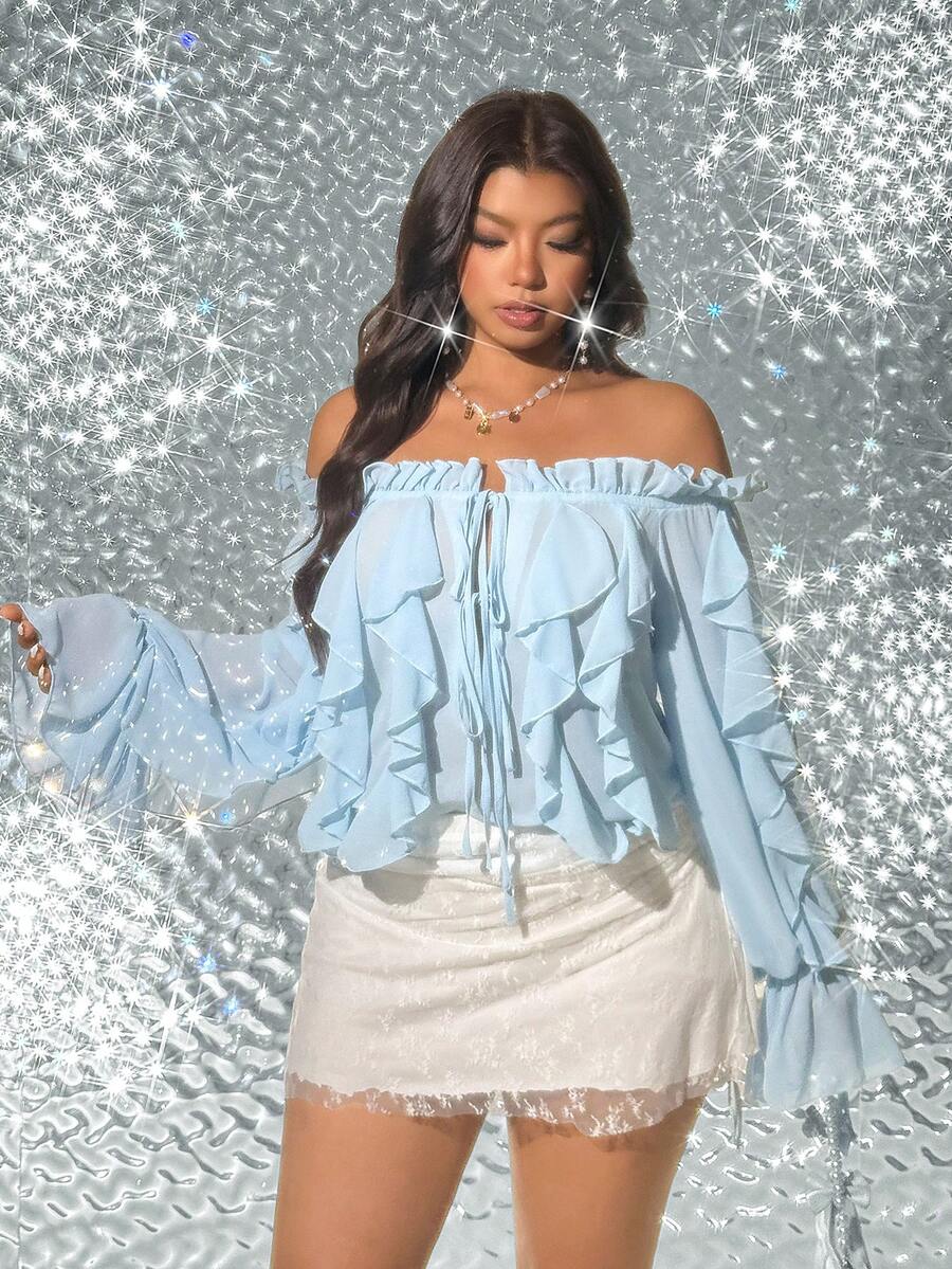 Viva Relle 大码露肩系带荷叶边优雅浅蓝色衬衫 - 藍色 - 查看 1