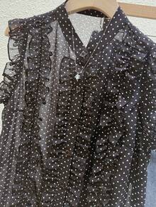 Franclia French Retro Polka Dot Sleeveless Chiffon Blouse. Classic Black And White Polka Dot Chiffon Fabric, Breathable And Smooth. It Won't Make You Sweat In Summer. It Has A Hazy And Transparent Quality. The Ruffled Stand-Up Collar And Placket Design Show A Retro Style. It Is Suitable For Snrina And Women In Summer. It Is Suitable For Summer, Spring, Easter, Festivals, Parties, Beach Weddings, Graduation Ceremonies, Outdoor Activities, Birthday Celebrations, Elegant Vacations, Casual Wear, Luxurious Style, Sportswear, Formal Wear, And Graduation Season Clothing. It Is Also Suitable For Fashionable Casual Commuting Wear, Business Office Wear, Versatile And Fashionable Daily Casual Wear, And Urban Teacher Professional Wear. - Black - View 3