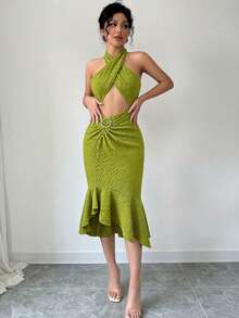 Franclia Bohemian Style Women's Fashion Halter Neck Cold-Shoulder Ruffle Hem Dress, Suitable For Dates And Vacations Green Summer Dress Green Vacation Dress Green Party Dress Green Cocktail Dress Green Dress Women Green Midi Dress Lime Green Dress Women Green Sexy Dress Olive Dress Unique Dress Green Spring Dress - Green - View 1