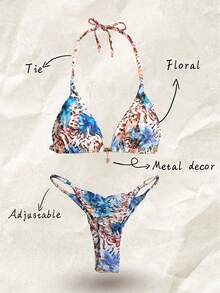 Elavelle Springbreak Women's Random Print Spaghetti Strap Sexy Bikini Swimwear Set, Summer Beachwear Outfits - Multicolor - View 3