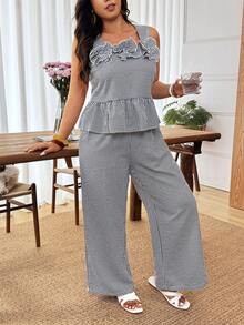 Weeklong Conjunto de 2 piezas de moda casual de primavera/verano, elegante y retro, de cuadros blanco y negro con diseño hueco de flores para ir al trabajo - Blanco y Negro - Ver 5