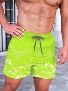 Manfinity KASUA Men's All-Over Print Drawstring Waist Slant Pocket Casual Shorts, Swimwear - Green - View 5