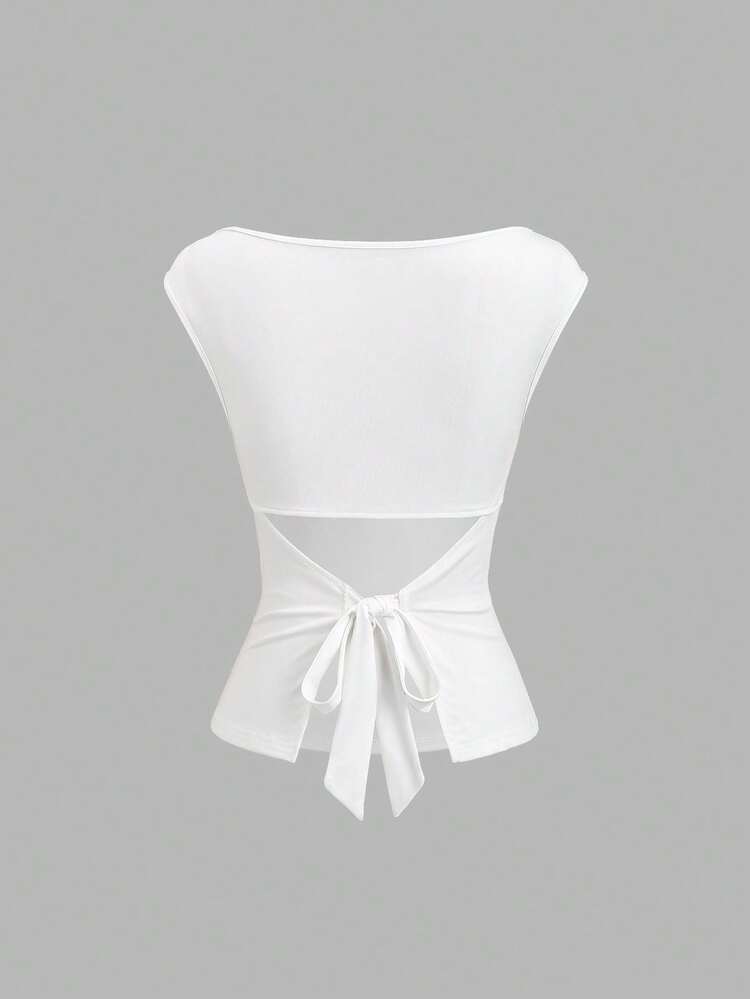 Sweetra Conjunto de camiseta sin mangas de punto con cordón ajustable en la cintura, unicolor, estilo minimalista y versátil para mujer - Multicolor - Añade 6