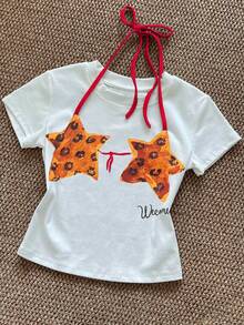 Glimmora Camiseta de manga corta con cuello redondo, ajuste regular, con estampado de estrella anudada - Blanco - Ver 6