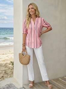 EMERY ROSE Casual Minimalist Loose Notch Neck Three-Quarter Sleeve Women's Blouse Suitable For Summer Going Out Top Cute Summer Top - Pink - View 5