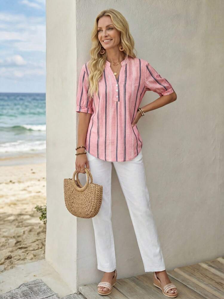 Casual Minimalist Loose Notch Neck Three-Quarter Sleeve Women's Blouse Suitable For Summer Going Out Top Cute Summer Top