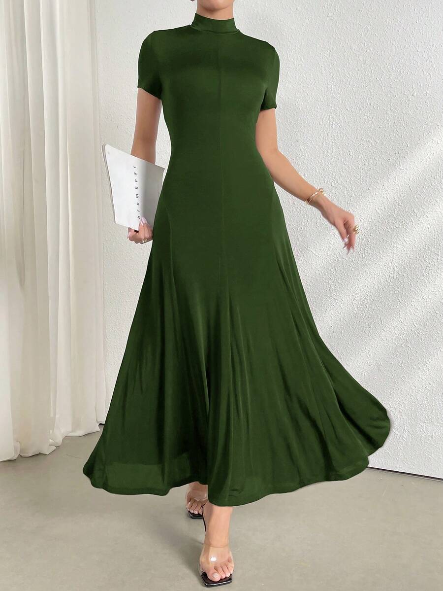 Modelyn 女款夏季優雅極簡風中式領短袖深綠色中長洋裝,秋季假領宴會茶會辦公室優雅正式洋裝 - 綠色 - 查看 1