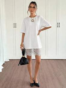 Siren Gaze Women's Round Neck Short Sleeve Contrast Lace Loose Mini Dress,Summer Dresses For Women - White - View 6