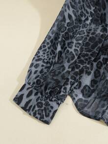 GlowEve CURVE 大码女式雪纺豹纹圆领衬衫，金属纽扣装饰，休闲春秋装 - 藍色 - 查看 5