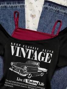 Attitoon Women's Casual Retro Contrast Color Short Sleeve T-Shirt With Vintage Car Pattern,Summer Top - Red and Black - View 6