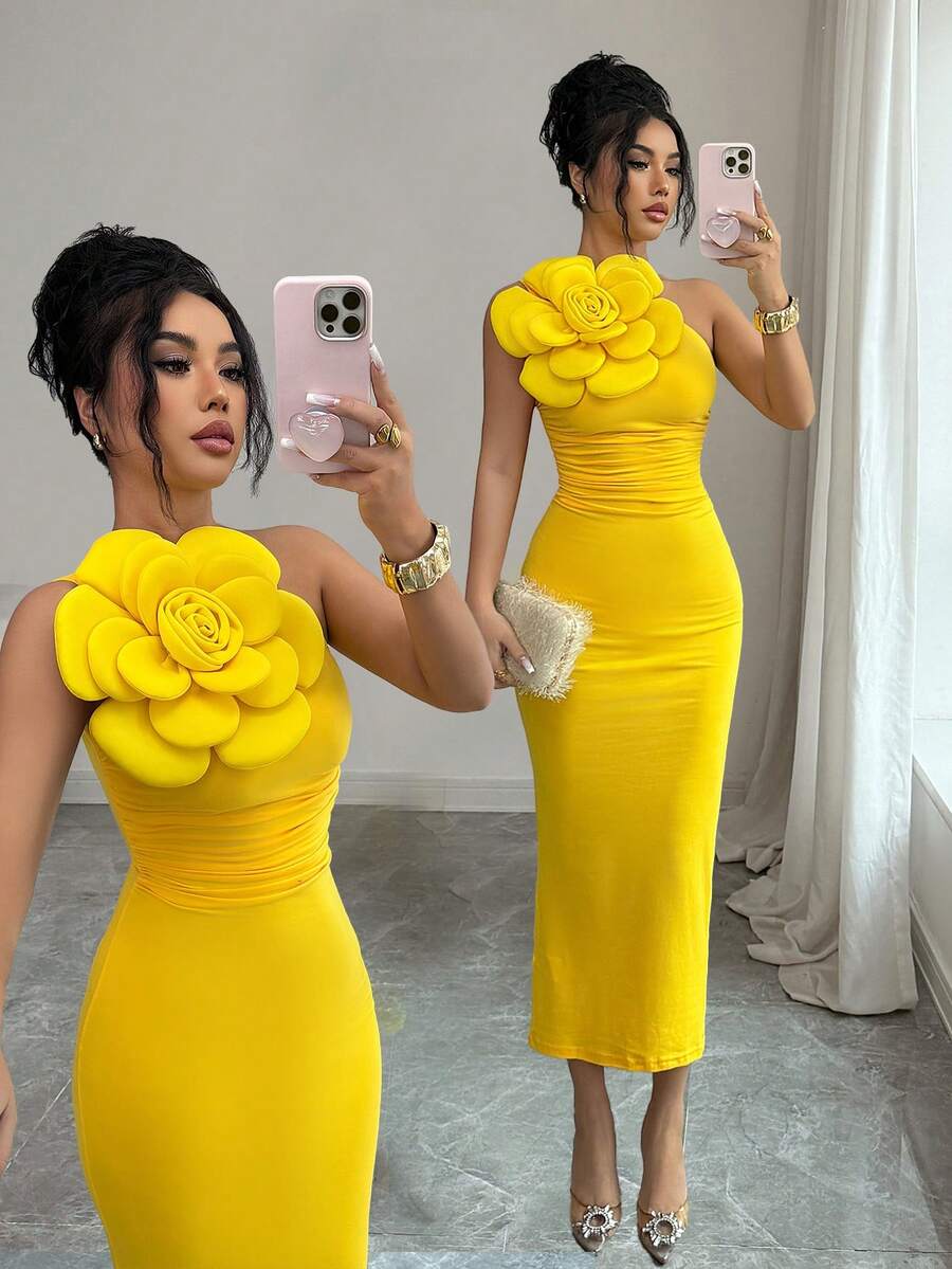 Rafferiza Women's Oblique Shoulder Ruched Fitted Bodycon Elegant Dress Women Party Dress Women Elegant Outfits Beautiful Dresses For Woman Latest Dress - Yellow - View 1