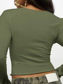 SUMWON WOMEN 蝴蝶印花长袖短款上衣 圆领修身 T 恤 - 卡其色 - 查看 6