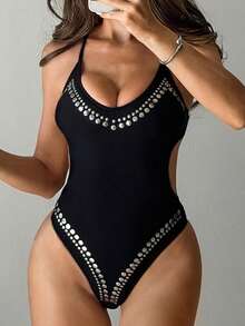 Swim SXY Women's 2026 Spring/Summer New Black Sexy Silver Foil Crafted High Cut Brazilian Criss-Cross Backless Hollow Out One-Piece Swimsuit - Black - View 1