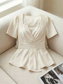 Elenzga 大码女式纯色褶皱不对称下摆休闲百搭日常上衣 - 杏色 - 查看 8