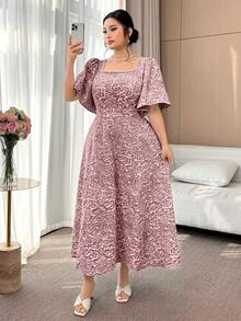Modelyn Vestido elegante de talla grande con cuello cuadrado, manga corta y volante en la cintura - Rojo - Ver 3
