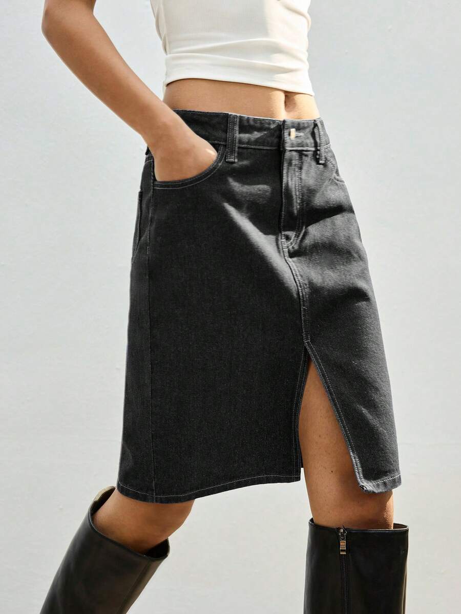 Maija Women's Black Denim Skirt, Midi Length, Simple And Stylish For The Workplace.