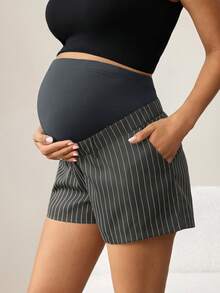 MaterniWear Short de maternité décontracté à imprimé rayé avec poches en biais, été - Gris foncé - Voir 8
