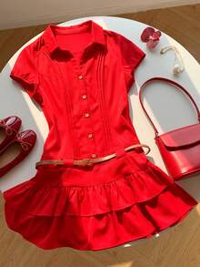 Comfortcana Women's Red Summer Cute Everyday Solid Cap Sleeve Single-Breasted Pleated Casual Shirt Dress,Festival Spring Outfit,Easter Beach Vacation Y2k Work - Red - View 6