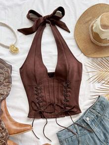 Soleia 新款性感V领系带麂皮解构女式背心，适合假日、约会、下午茶、度假、音乐节、波西米亚风、邮轮、海滩、圣诞节、新年、夜店等场合。 - 咖啡棕 - 查看 5