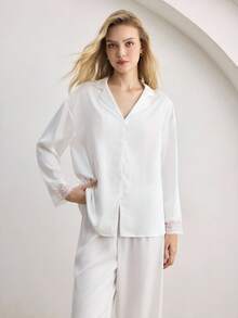 Ocili Women's Solid Color Long Sleeve Single-Breasted Top And Pants Pajama Set - White - View 4