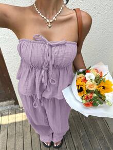SHEIN EZwear 灰紫色編織棉麻女款抹胸上衣休閒波西米亞度假套裝女裝夏季穿搭女套裝女兩件套休閒套裝女裝女兩件套休閒套裝女裝女連身褲居家套裝女裝女套裝海灘海灘度假假日 - 紫丁香色 - 查看 3
