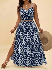 Levarali Plus Size Women All-Over Print Camisole Top And Split Hem Skirt 2 Pieces Set, Fashionable For Party - Blue and White - View 4