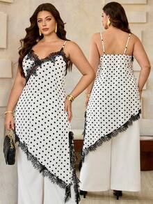 Roveilla Plus Size Women's Lace Patchwork Sheer Satin Camisole Top,Elegant Black And White Polka Dot Asymmetrical Spaghetti Strap Top,Summer Date Night Set - Black and White - View 10