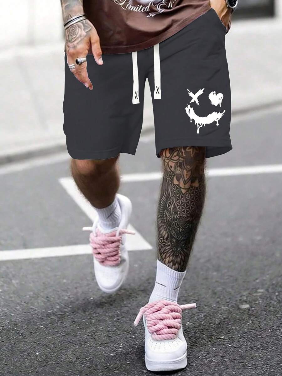 Manfinity LEGND 宽松男士卡通图案抽绳腰短裤 - 灰色 - 查看 1