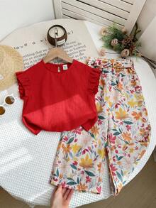 LMoss Kids 2件套女婴纯色荷叶边领上衣和宽松碎花裤套装 - 紅色 - 查看 1