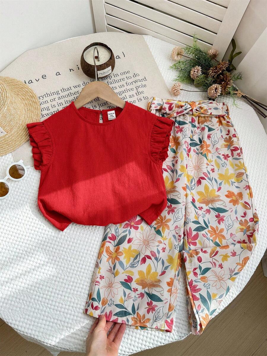 LMoss Kids 2件套女婴纯色荷叶边领上衣和宽松碎花裤套装 - 紅色 - 查看 1