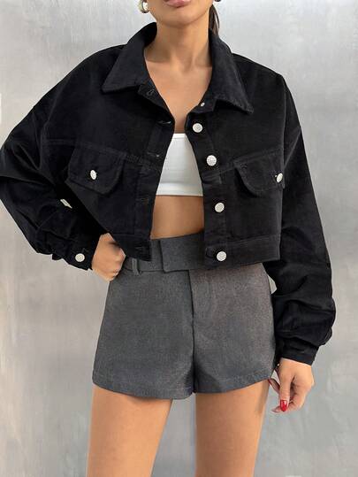 Lässige einfarbige Crop Jacke, vielseitig für Frühling & Herbst