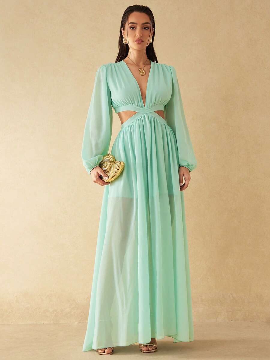 Silquee Women's V-Neck Long Lantern Sleeve High Slit Chiffon Dress, Spring/Summer - Mint Blue - View 1