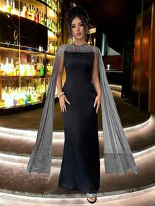 Elenzga Women's Elegant Luxurious Black Satin Long Sleeve Evening Dress,Autumn Sequin Strapless Waist Cinched Gowns,Formal Parties Galas & Dining Dress - Black - View 4