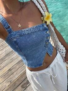 Sunnyshic 时尚休闲不对称水洗牛仔露肩上衣 - 中等水洗藍 - 查看 3