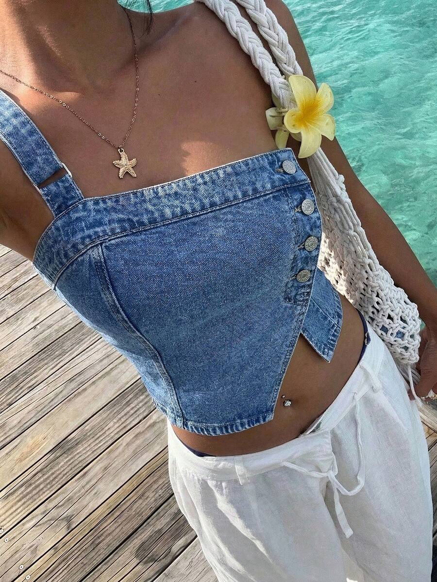 Sunnyshic Fashionable Casual Asymmetric Washed Denim Shoulder Top - Medium Wash - View 1